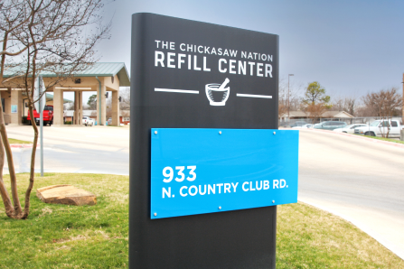 The Chickasaw Nation Refill Center location sign in Ada, OK